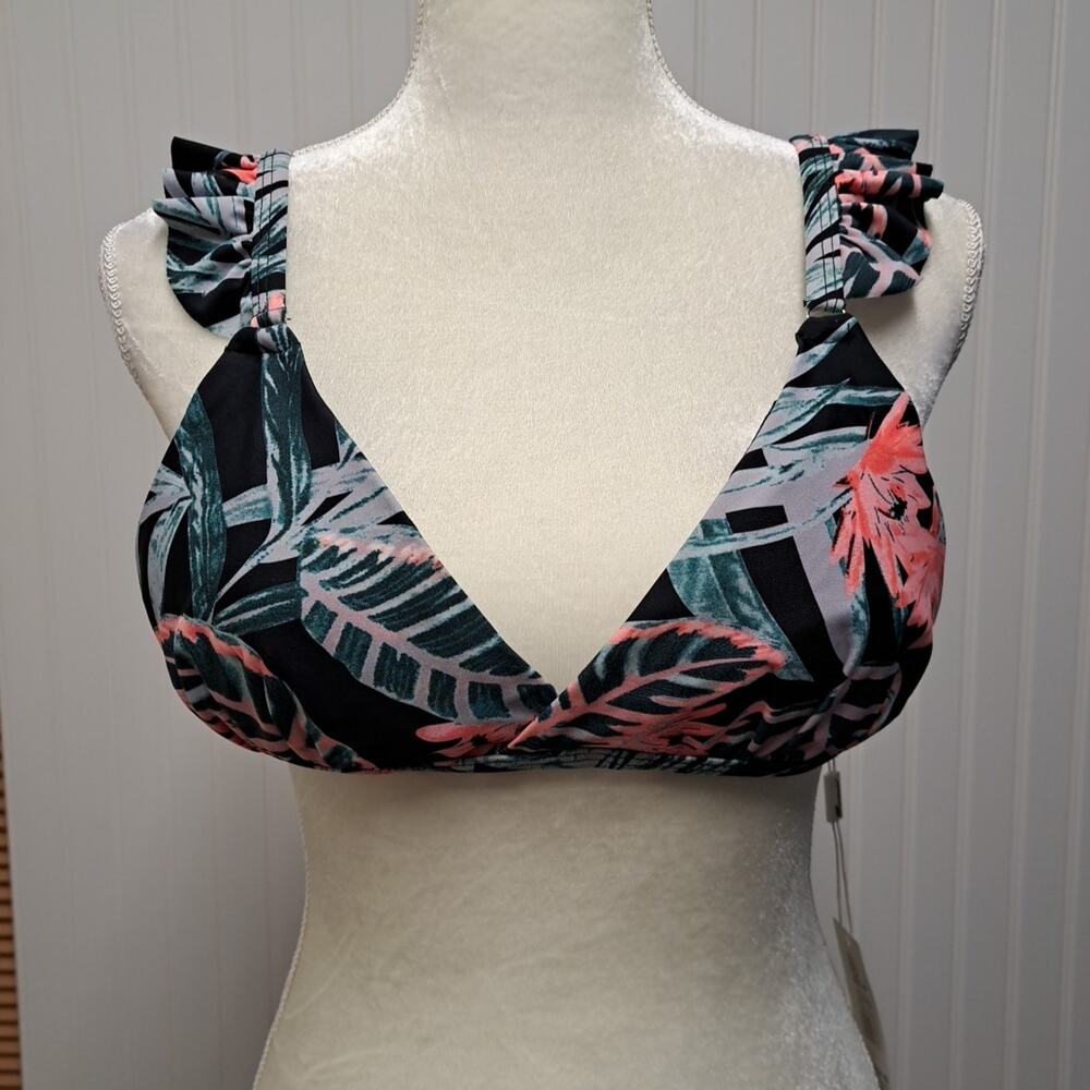 NWT Mermaid Bikini Top Womens Large L Black Tropical Print Ruffled Swim Bathing